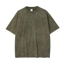 3pcs Men's Heavyweight 230gsm 100% Cotton T-Shirts - Retro Washed Streetwear Loose Fit Round Neck Short Sleeve, Breathable All-Season Casual  Tees  In Coffee Brown,Light Grey & Black ,Blue   Rose Red  & Green - 橄欖綠 - 查看 2