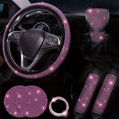 7pcs Car Steering Wheel Cover, Gear Shift Knob Cover, Shoulder Pad, Cup Holder, Ignition Ring Decorative Accessories,Purple Car Accesaories