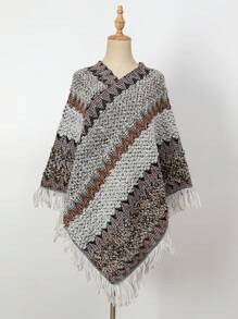 1pc Women Solid Color Button Tassel Knitted Poncho Shawl, Fashionable Casual Warm Wear For Vacation And Daily Use