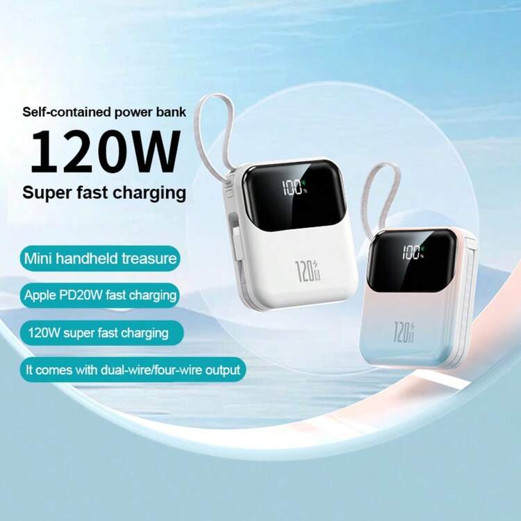 10000mAh Portable Charger Mini Power Bank, 120W Super Fast Charging Portable Mobile Phone Charger With Built-In Cable (USB-C Output Cable), LED Display Mobile Phone Travel Battery Pack, Suitable For IPhone, Suitable For Samsung, Suitable For Android And Other Travel Essentials, Back To School Essentials, Perfect Gift, Fashion Design - trắng - Xem 5