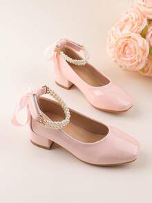 Conjunto de Vestido Formal Combinando, Sapatos de Performance, Sapatos de Balé Mary Jane Princesa, Sapatos de Couro Sintético Pequenos, Adequados para Casamento, Festa, Reunião, Feriado, Sapatos Fofos de Dama de Honra para Meninas de Todas as Idades, Saltos de Pérola com Laço Rosa da Moda, Sapatos de Salto Grosso Elegantes para Todas as Estações e Festivais - Rosa chiclete - Visão 4