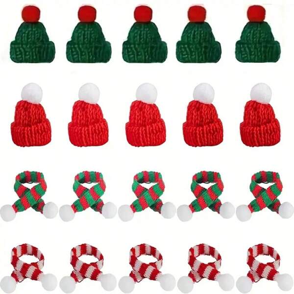 10pcs (5pcs Hats + 5pcs Scarves) Mini Christmas Hat And Scarf Set, Mini Christmas Knit Hats, Santa Claus Small Christmas Bottle Cap Dolls House Christmas Party Decorations
