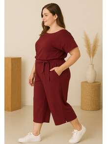 Women's Plus Size Casual Short Sleeve Pantacourt Set - 紅木色 - 查看 2