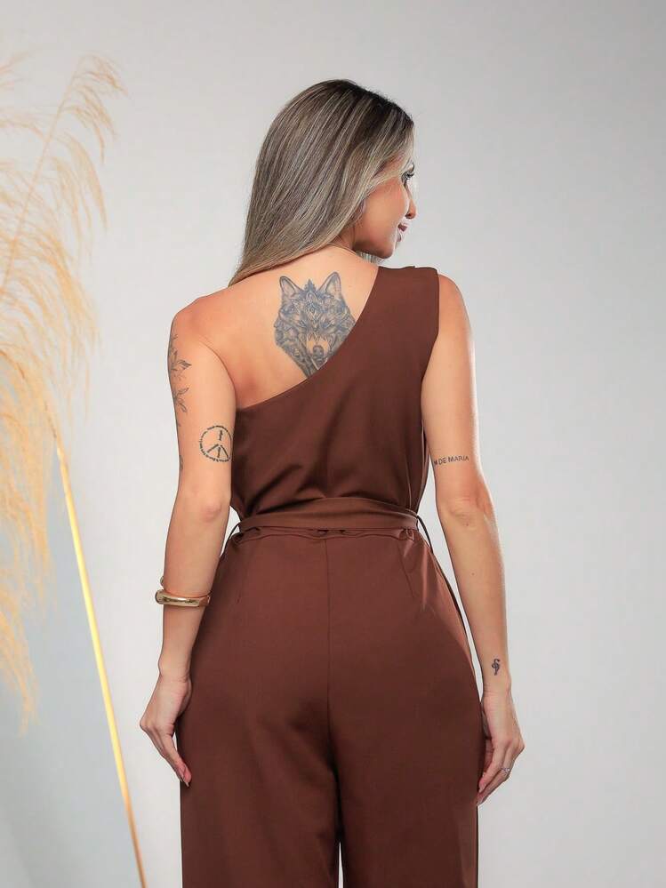 Women's Elegant One-Shoulder Jumpsuit With Pockets And Tie Belt C3152 - 鏽棕色 - 查看 6