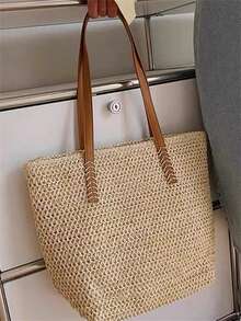 Baila Morena Straw Beach Tote Bag Women Large Faux Leather Striped Shoulder Tote Bag Hand Strap With Zipper - 杏色 - 查看 5