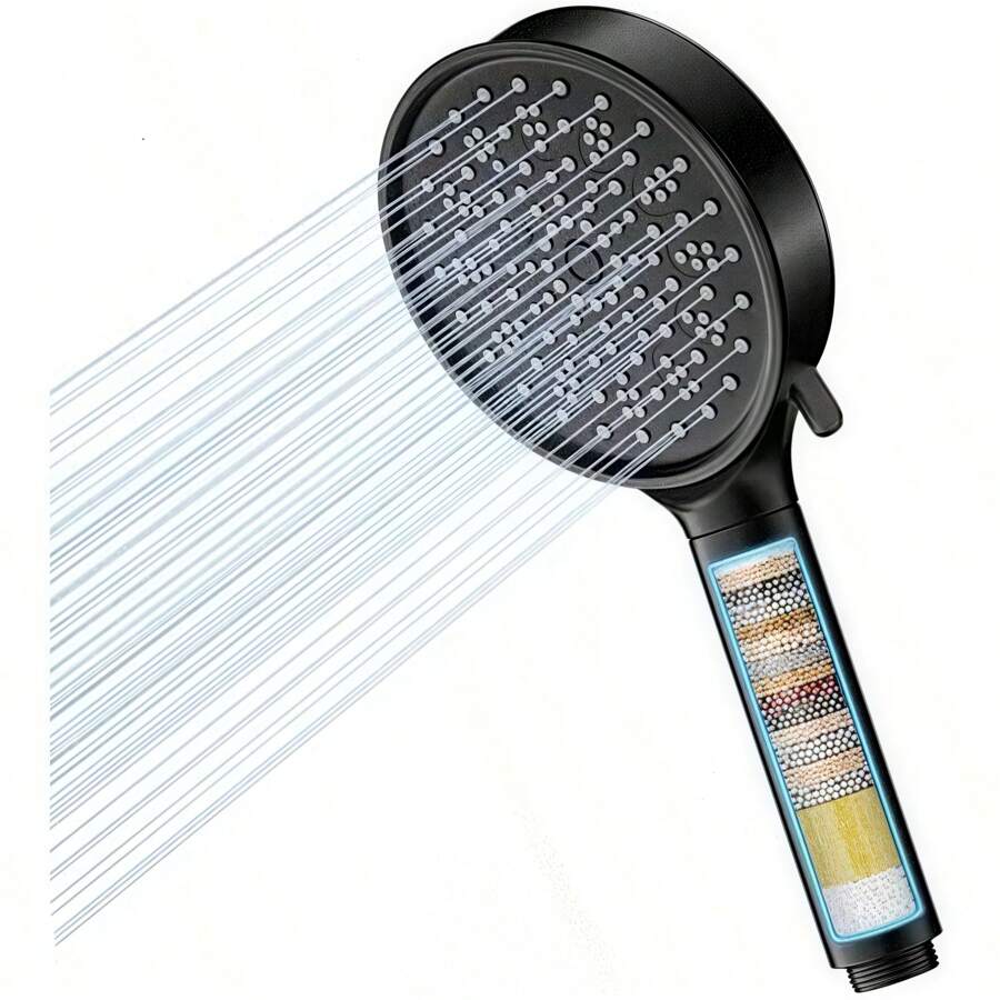 Cobbe淋浴喷头带过滤器，节水，硬水，20层过滤，6种喷头类型，高压淋浴喷头带防水垢过滤器，黑色浴室配件 - 彩色 - 查看 1