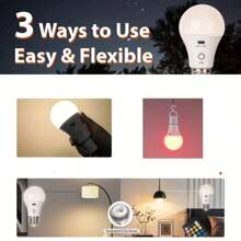 1个带遥控器的可充电LED灯泡，智能RGB变色灯泡，带挂钩，E26灯头，适用于露营、徒步、钓鱼、度假、汽车、大学、运动、家庭、派对、客厅、卧室、音乐节、飓风应急等场合，RGB照明，电池续航时间长，灯泡亮度高，具有充电保护功能，光线均匀，照明范围广。 - 多款 - 查看 9