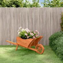 vidaXL Wheelbarrow Planter Natural Wood Solid Fir Wood Large Portable Wheelbarrow Planter Rectangular Rustic Decorative Inlays Wooden Wheelbarrow Flower Wheelbarrow - Brown - View 1