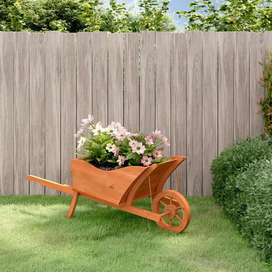 vidaXL Wheelbarrow Planter Natural Wood Solid Fir Wood Large Portable Wheelbarrow Planter Rectangular Rustic Decorative Inlays Wooden Wheelbarrow Flower Wheelbarrow - Brown - View 1