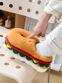 可爱黄色汉堡图案毛绒保暖室内防滑拖鞋，男女情侣款，尺码 36-45 - 黃色 - 查看 7