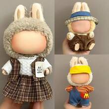 17cm LABUBU Doll Clothes, 17cm Hanging Decoration 1st & 2nd Generation LABOBO Vinyl Figure Outfit, Accessories Set Including Bow, Plaid Hat For LABUBU Brown Bear