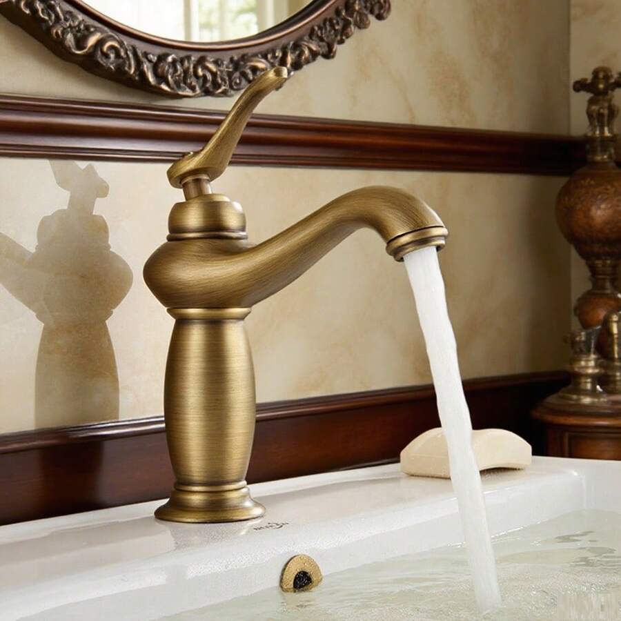 1pc Genie Lamp Style Short Vintage Copper Faucet, Middle Eastern Decor Copper Bathroom Sink Faucet, Decorative Copper Faucet Suitable For Both Hot And Cold Water