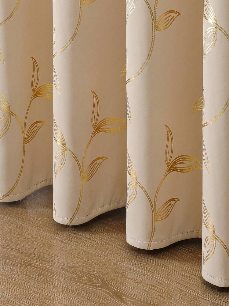 2pcs Beige Floral Blackout Thermal Curtain Panels, Modern Printed 3D Floral Design, Suitable For Living Room, Bedroom, Dining Room Home Decor, Room Decoration - Beige Gold - View 9