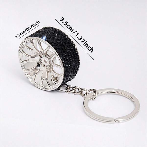 AD 1pc Rhinestone Decorated Car Key Chain, Zinc Alloy Car Wheel Shaped Keychain Accessory