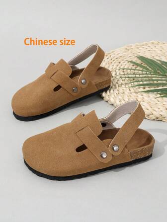 1 双粉色、棕色、驼色中国尺码儿童平底丑可爱包头复古两穿厚底一脚蹬休闲时尚鞋/拖鞋