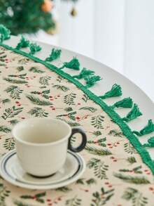 1pc Christmas Round Printed Tablecloth, Gold Foil Green Pine Branch Pattern, Fringed Kitchen Dining Table Decor Cloth For Christmas Holiday Family Gathering Party, Home Decoration - Multicolor - View 12