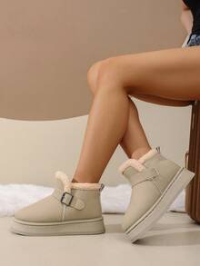 2025 Winter New Fashion Thick Fur Lining Snap Closure Plush Thick Sole Snow Boots, Warm, Anti-Slip, Suitable For Outdoor, Plus Size Mid-Calf Turnover Fur Snow Boots