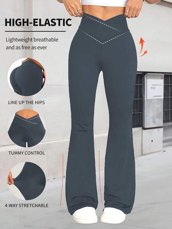 [Extremadamente suave] Pantalones acampanados con elástico cruzado, pantalones minimalistas de cintura alta para ir al trabajo y yoga, leggings deportivos casuales y sexys, diseño de una sola pieza con efecto levantador, ropa deportiva para mujer, tela de punto, elástica y cómoda, adecuada para uso diario y entrenamiento