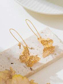 1 Pair Fashionable Hollow Double-Layer Butterfly Pendant Earrings For Women - Yellow Gold - View 3