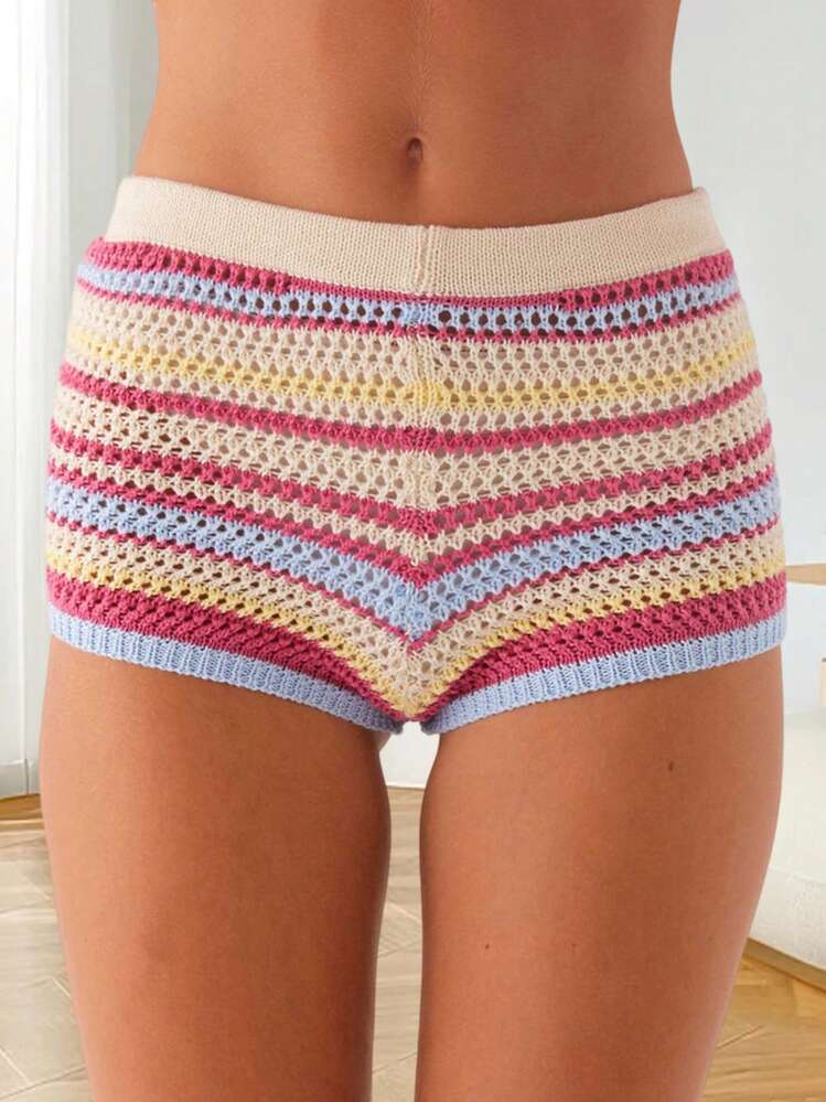 Women's Knitted Shorts Casual Stylish Colorful Contrast Striped Elastic Mid Rise Shorts - Pink - View 4
