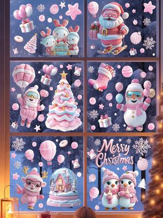 9 Sheets Christmas Window Stickers - Snowflakes, Christmas Trees, Santa Claus, Reindeer, Penguins And Gift Box Double-Sided Glass Decals For Holiday Home And Party Decorations, Christmas Decorations, Christmas Window Stickers, New Year Party Decorations, Mall Window Decoration Stickers, Winter Party Decorations