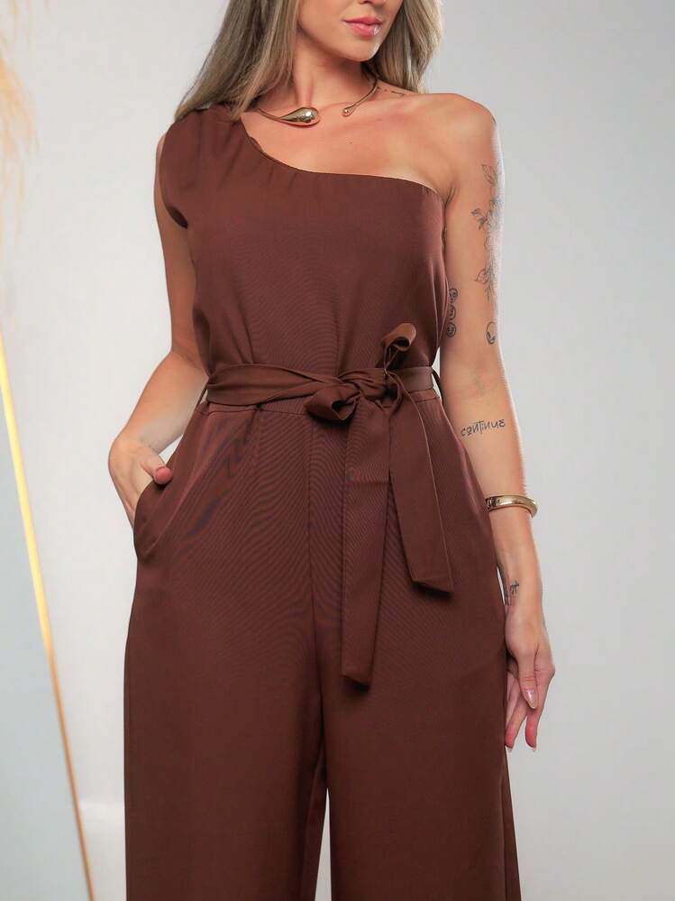 Women's Elegant One-Shoulder Jumpsuit With Pockets And Tie Belt C3152 - 鏽棕色 - 查看 7
