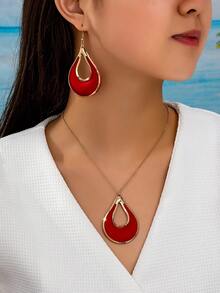 Bộ 3 món trang sức vòng cổ và khuyên tai kim loại hình giọt nước tối giản, thiết kế thanh lịch dành cho nữ - Đỏ - Xem 1