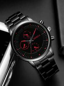 2件套时尚商务绅士圆形黑色钢带石英表，搭配水钻手链组合礼盒，适合节日、派对、商务及日常佩戴。 - 紅色 - 查看 2