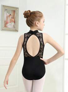 女童无袖花卉蕾丝高领透气芭蕾舞紧身衣，背部弹性好，适合返校舞蹈练习 - 黑色 - 查看 1