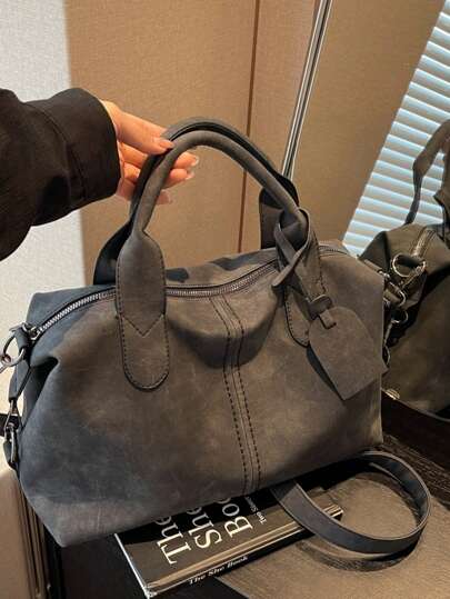 New Vintage PU Leather Women Handbag, Fashion Zipper Shoulder Bag With Detachable Strap, Women Work Travel 2-In-1 Bag, Gray, Black, Green