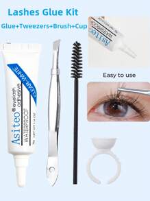 4 件套睫毛延长胶水套装，适用于单根簇状睫毛，带镊子刷睫毛杯 DIY 配件透明白色防水粘合剂化妆品工具睫毛胶，睫毛胶