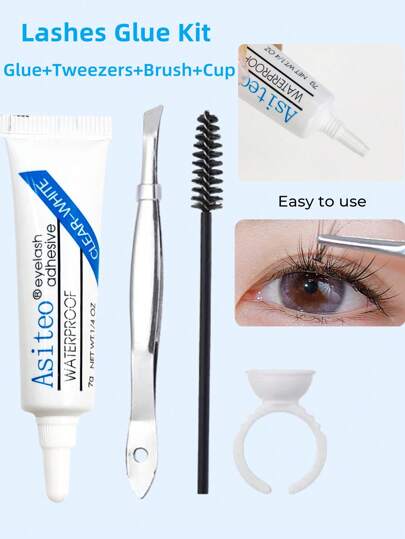 4 Pcs/Set Eyelash Extension Glue Kit For Individual Cluster Lashes With Tweezers Brushe Lash Cup DIY Accessories Clear-White Waterproof Adhesive Cosmetics Tools Lash Glue, Eyelash Glue