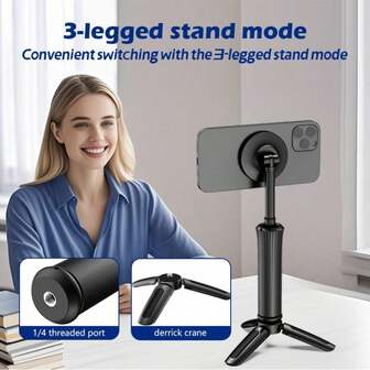 Magnetic Phone Tripod Stand For Desk & Travel - Lightweight Portable Phone Holder With Detachable Tripod Base, Clip For Table Edge/Suitcase Handle, 360° Rotation, Includes Metal Plate, Compatible With Smartphones