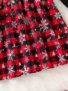 1 件女童圣诞休闲荷叶边袖圆领及膝针织连衣裙，带雪花格子图案，涤纶面料，青年节日装 - 紅色 - 查看 2