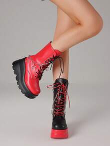 Platform Wedges Ankle Boots For Women Lace-Up Star Metal Hanging Chain Biker Boots Round Toe Side Zipper Y2K Color-Block Cosplay Party Shoes - Đen và đỏ - Xem 4