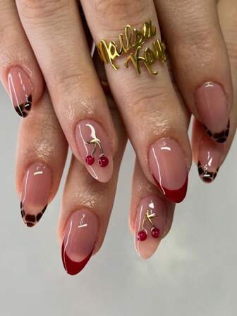 24 piezas Uñas postizas francesas rojas con diseño 3D de cerezas, uñas falsas cortas con forma de almendra, juego de manicura que incluye 1 hoja de adhesivos y 1 lima pequeña, perfectas para uso diario