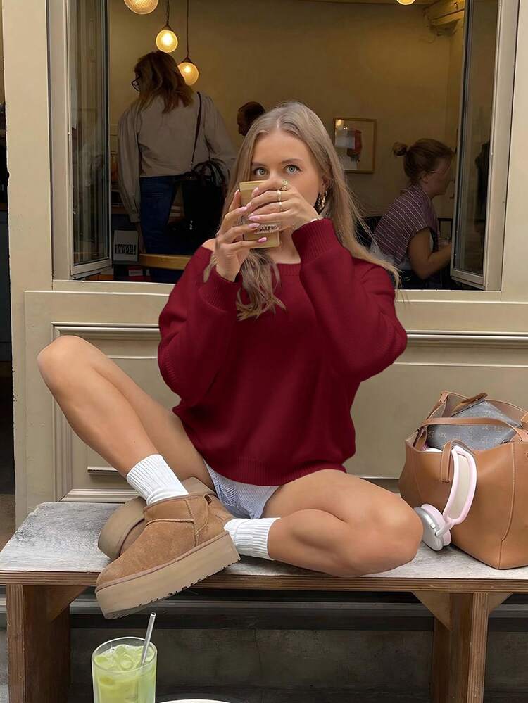 Women's New Fashionable Plain Knit Crew Neck Casual Elegant Street Outing Date Loose Dropped Shoulder Solid Color Minimalist Long Sleeve Pullover Sweater, Women's Valentine's Day Outfit, Women's Concert Outfit, Street Style, New Year's Outfit, Elegant Women's Blouses, Summer Tops, Casual Women's Outfits, Spring Clothing, Women's Vacation Outfit, Holiday Outfits For Women, Summer Holiday Outfits - Red - View 3