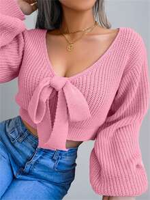 Y2K 女款短款毛衣 V 领泡泡袖腰部系带蝴蝶结纯色毛绒羊毛节日上衣