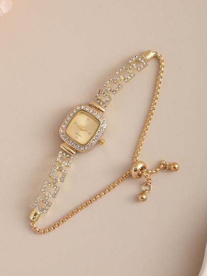 1 pieza Reloj pulsera de lujo para damas con cabeza redonda, cristal de diamante y diseño de ondas de agua. Reloj de pulsera de cuarzo de aleación como regalo para la novia