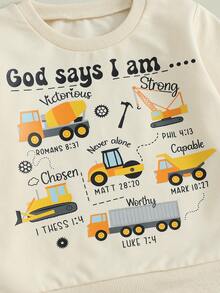 Toddler Baby Boys Fall Winter Outfit Fashionable Tool Cart Print Long Sleeve Sweatshirt Pullover Tops With Solid Color Pants 2 Pcs Outfits - Beige - View 7