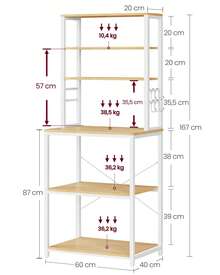 VASAGLE Scaffale da Cucina, Supporto per Forno a Microonde, Portaoggetti a 6 Ripiani con 6 Ganci per Bar, Struttura in Acciaio, Industriale, 40 x 60 x 167 cm, Colore Rovere e Bianco