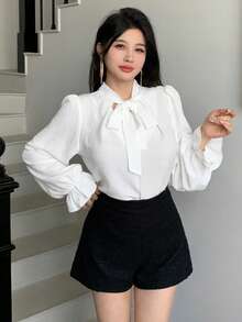 abyoxi 女士白色V领蝴蝶结领长袖休闲办公衬衫，秋冬款 - 白色 - 查看 4