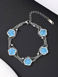 1pc Stainless Steel Men's Fashionable Five Leaf Clover Double-Layer Chain Bracelet For Daily Decoration - Bracelet - View 8
