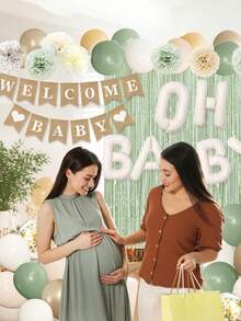 1/6/32 件鼠尾草绿色婴儿派对装饰，适合婴儿，绿色气球搭配“欢迎宝宝”横幅流苏窗帘，铝箔气球，纸花，适合波西米亚风格的婴儿派对、生日、性别揭晓派对用品 - 彩色 - 查看 5