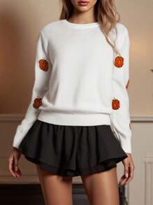 Women Halloween Knit Sweater Pumpkin Embroidered Knited Oversized Sweatshirt Loose Fit Pullover Tops Graphic Holiday Shirt Jumper Tops Knitwear Streetwear Fall Winter Clothes