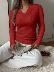 Apperloth A Women's V-Neck Twist Knit Sweater, Long Sleeve Ribbed Slim Fit Basic Pullover, Business Casual Lightweight Tops For Spring & Autumn - Red - View 4