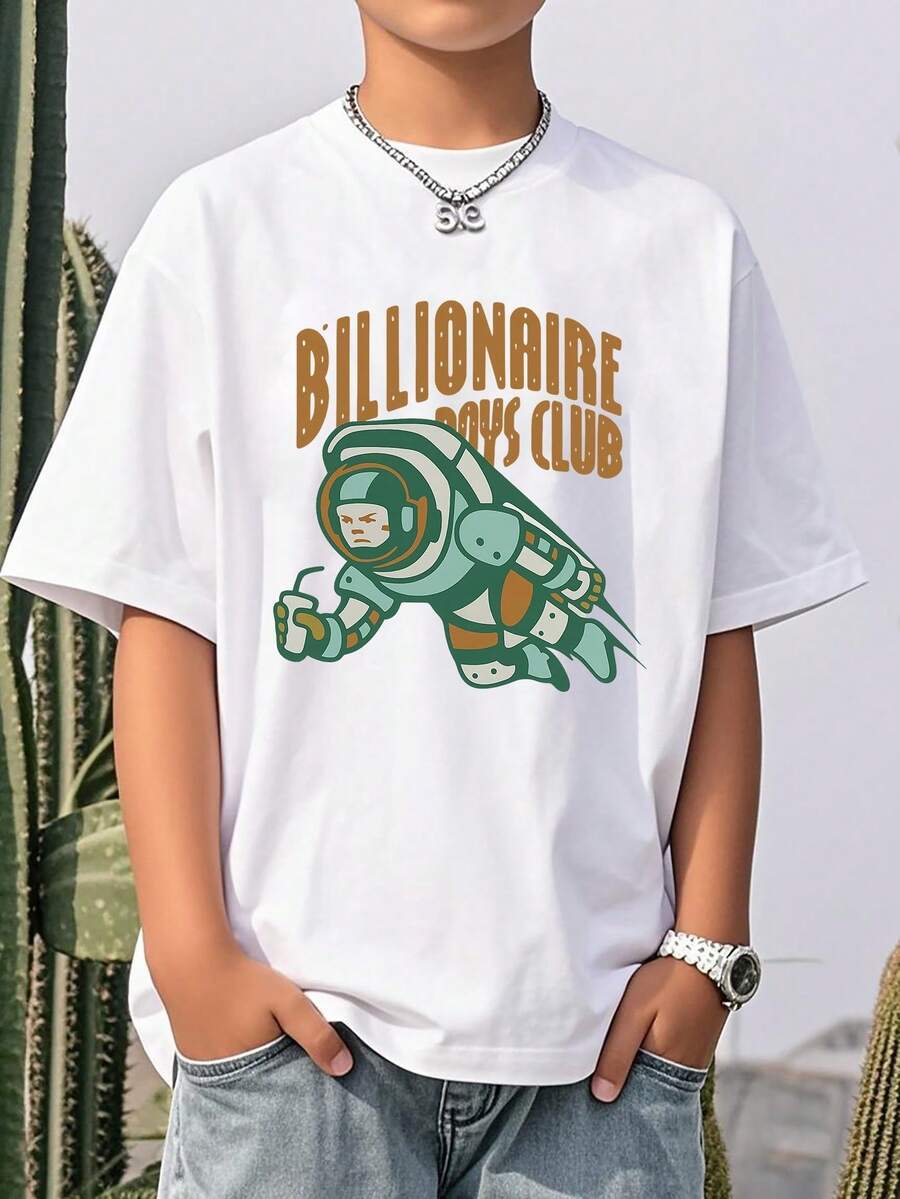 Boys & Teens' Casual Graphic Print Round Neck Short Sleeve T-Shirt, Summer Top - 白色 - 查看 1