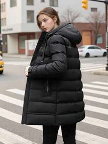 女士加厚羽绒服，长款加厚羽绒服，女士冬季拉链长袖外套，女士连帽长款加厚羽绒服，秋冬外套，女士休闲拉链蓬松连帽长款加厚羽绒服 - 秋冬