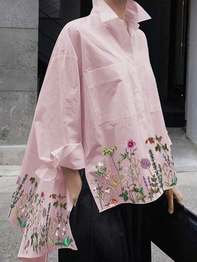 Top de Manga Longa com Estampa Floral para Mulheres Plus Size, Tecido Tecido Casual com Bainha Irregular, Top de Verão, Top. Rosa