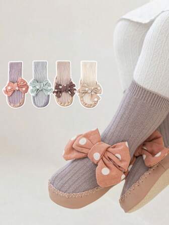 1 Pair Toddler Girls' Mid-Calf Socks With Polka Dot & Butterfly Decor, Non-Slip Flat Bottom Crawling Socks